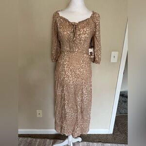 Sincerely Jules Tan & Cream Animal Print Maxi Dress with Tie Neck NWT